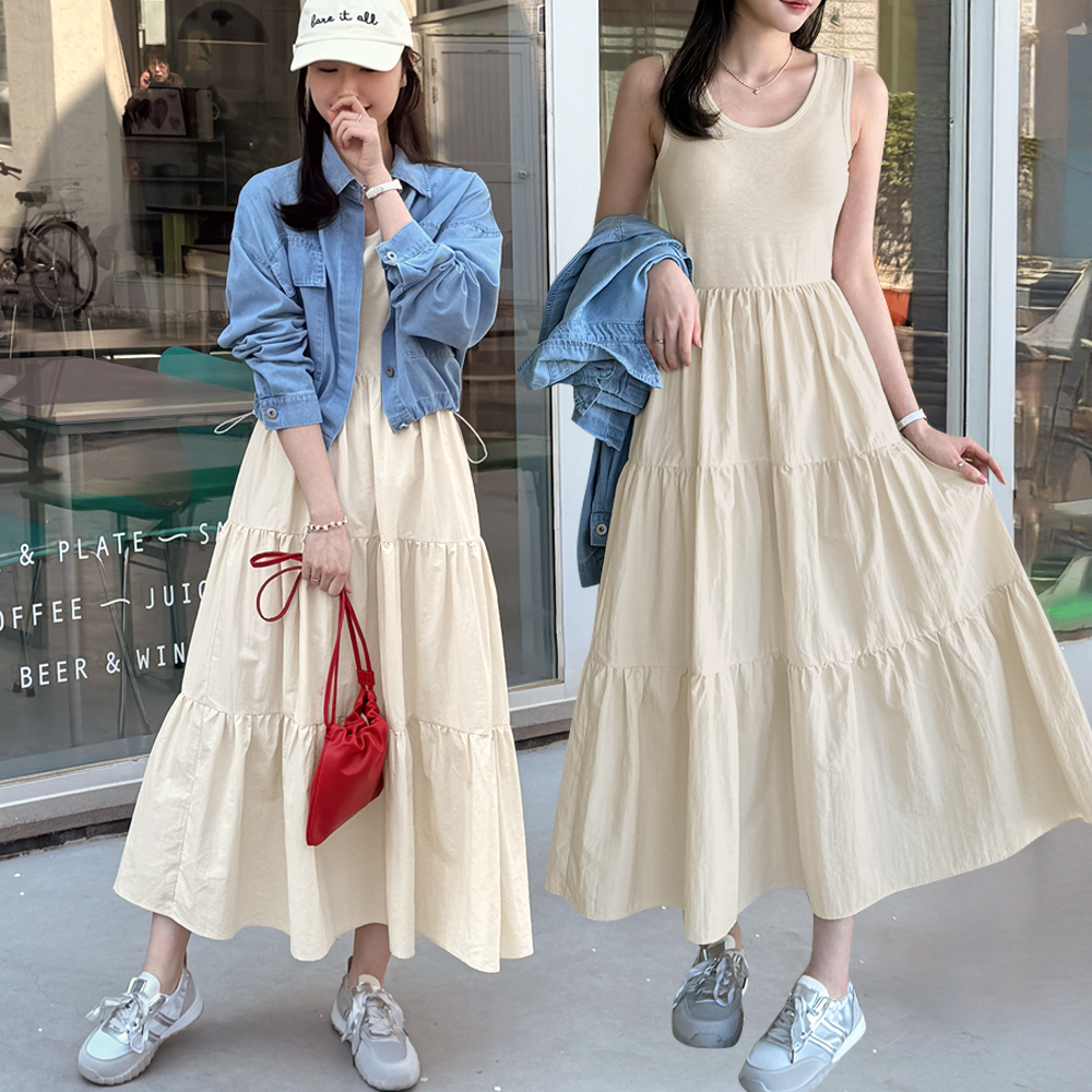 민소매 이너 레이어드 나시 플레어 캉캉 셔링 롱 바스락 원피스 봄 여름 가을 이올라