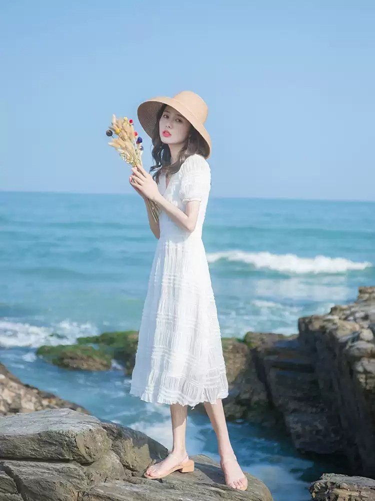 반팔 브이넥 롱원피스 청순 허리슬림핏 프렌치 스타일 디자인 휴양지 여행 여름 화이트 - 상세 이미지 2