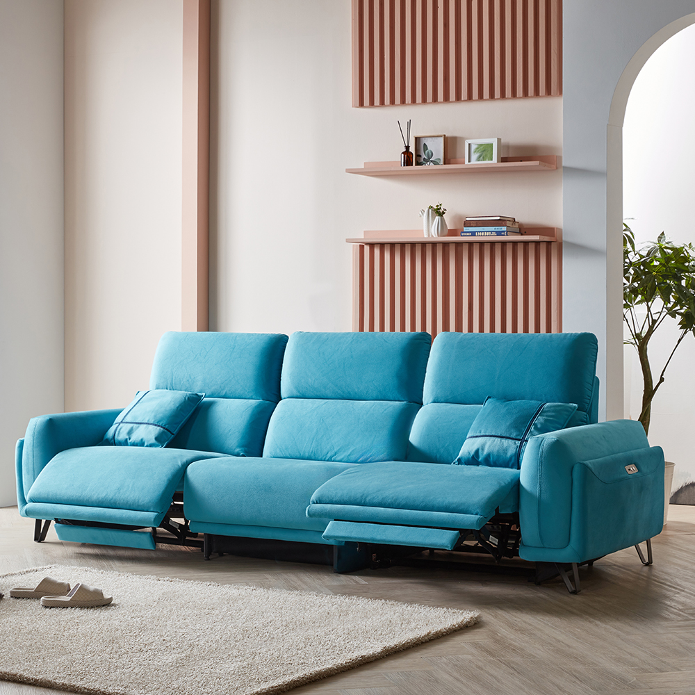 스코나 라모일 솔라 패브릭 제로월 리클라이너 소파 스툴미포함, 스카이블루, 4인용