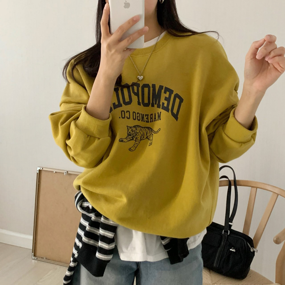 오버핏 DEMOPOLIS 프린팅 레터링 티셔츠 여자 맨투맨 박스티 여성 가을 티셔츠 코튼 - 상품 이미지