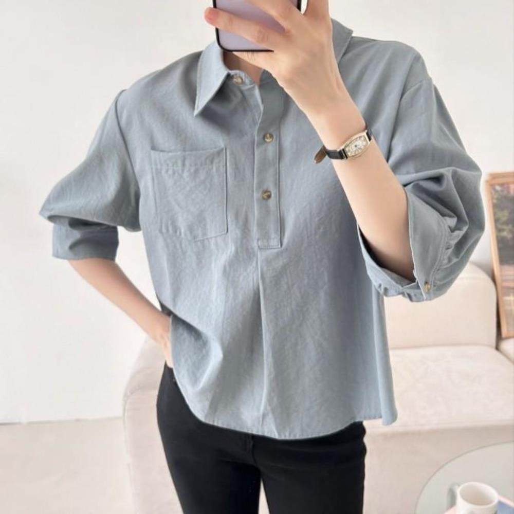 옷자락 여성 면 레이온 원포켓 7부소매 카라넥 셔츠 남방 - 상세 이미지 2