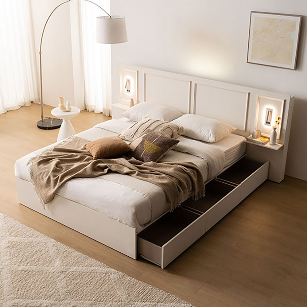 라자가구 윈디 LED USB 서랍형 수납 침대 프레임 SS 슈퍼싱글 (매트별도)