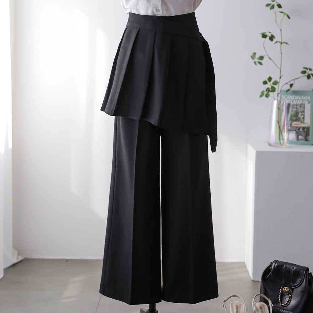 라시엘 플리츠 랩 레이어드 탈부착 와이드 슬랙스 팬츠 - 상품 이미지