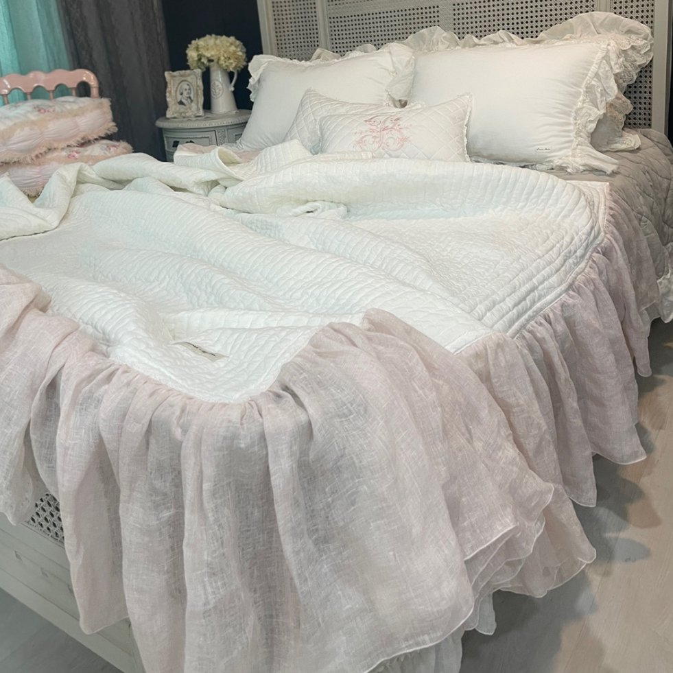 디뮤어 린넨 롱프릴 화이트&핑크 패드&이불 (2size)