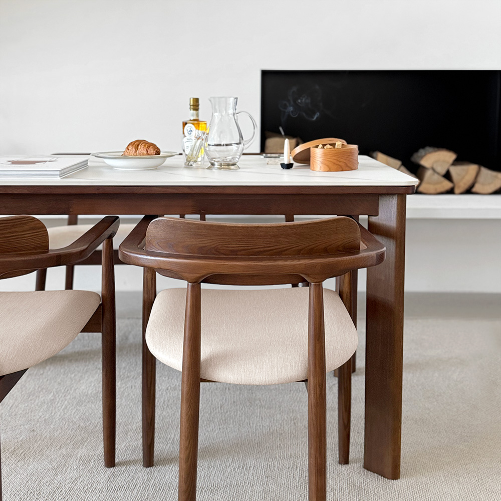 커들리 세라믹식탁 세트 4인용 원목 식탁+의자2+벤치1, 1400mm, 브라운/양면세라믹