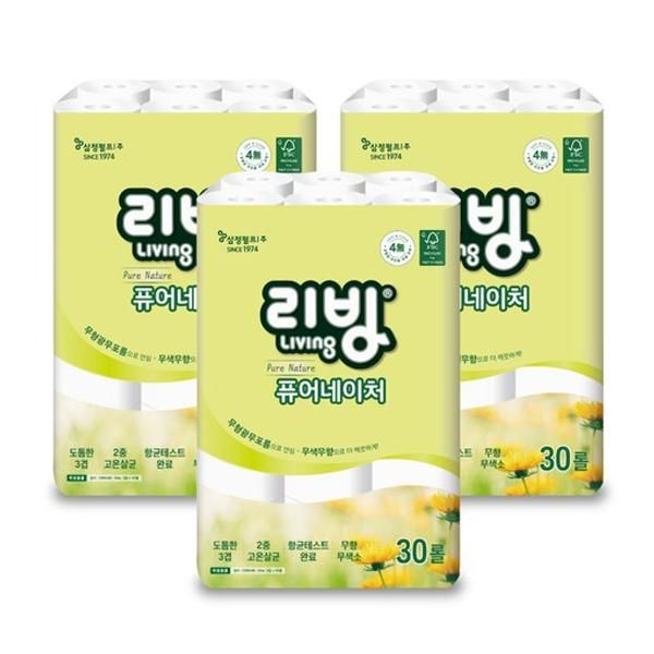리빙 퓨어네이처 화장지 3겹 30롤X3개 : 백그루의 미니샵