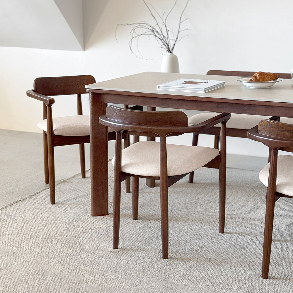 커들리 세라믹식탁 세트 4인용 원목 식탁+의자2+벤치1, 1400mm, 브라운/양면세라믹