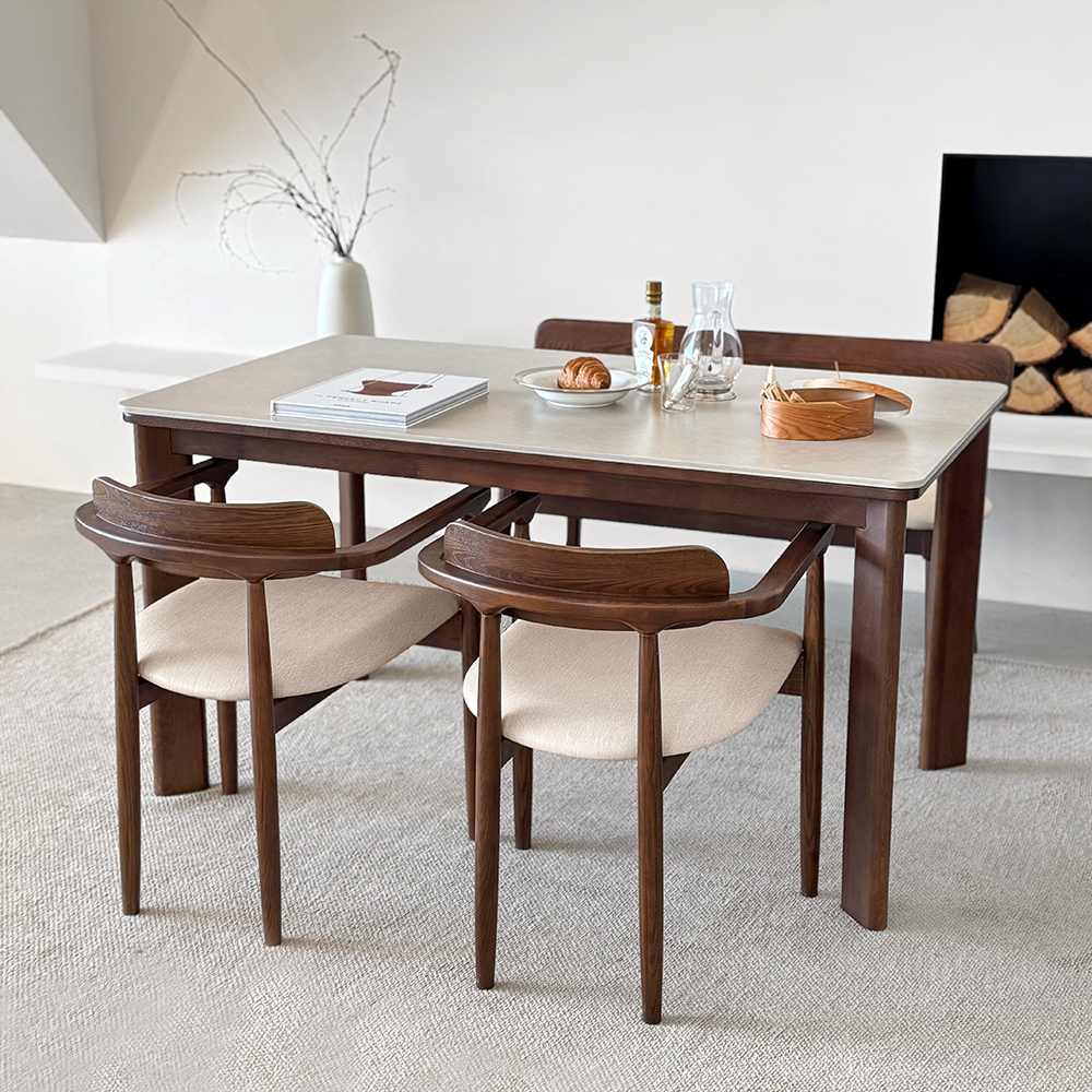 커들리 세라믹식탁 세트 4인용 원목 식탁+의자2+벤치1, 1400mm, 브라운/양면세라믹