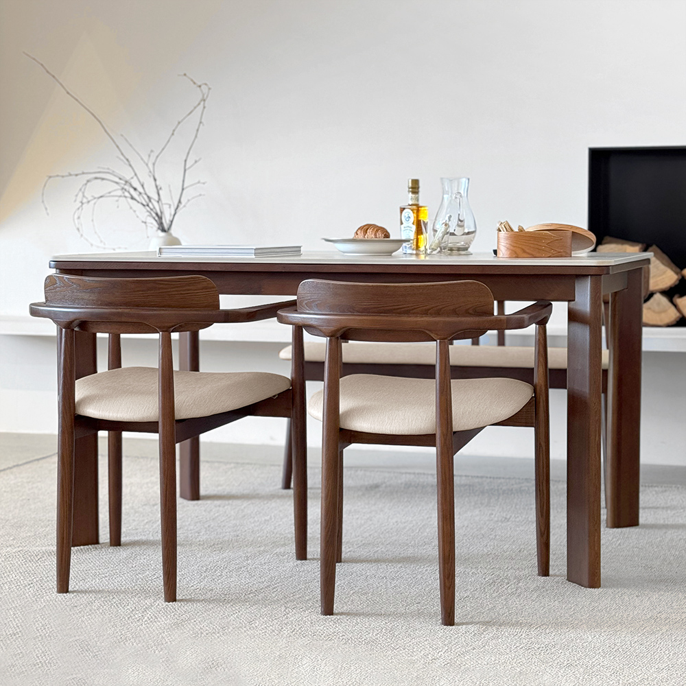 커들리 세라믹식탁 세트 4인용 원목 식탁+의자2+벤치1, 1400mm, 브라운/양면세라믹