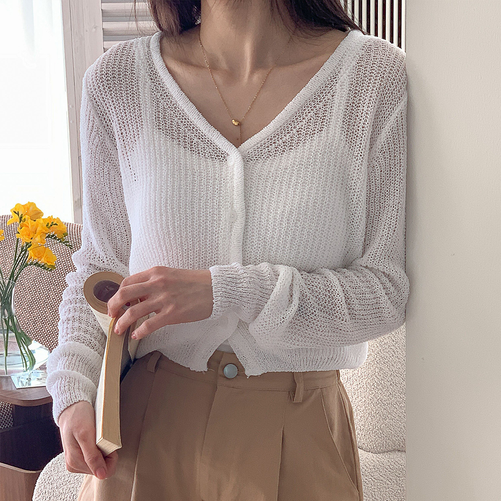 부클 브이넥 여름크롭가디건 여성 시스루가디건 핑크 - 메인 이미지