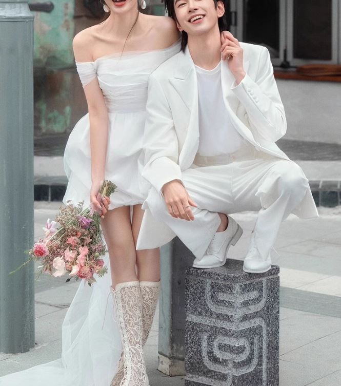 오프숄더 웨딩 미니드레스 셀프웨딩촬영 브라이덜샤워 제주스냅사진 캐주얼드레스 - 상세 이미지 2