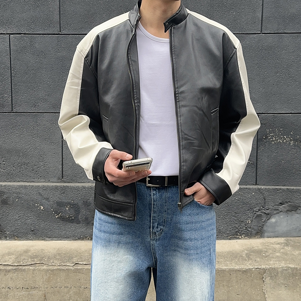 남자 가죽자켓 오버핏 차이나카라 봄 바시티 자켓 - 상세 이미지 2