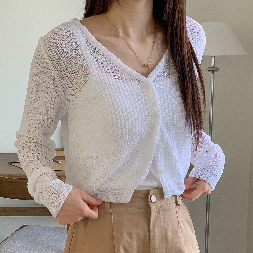 부클 브이넥 여름크롭가디건 여성 시스루가디건 핑크 이미지 8