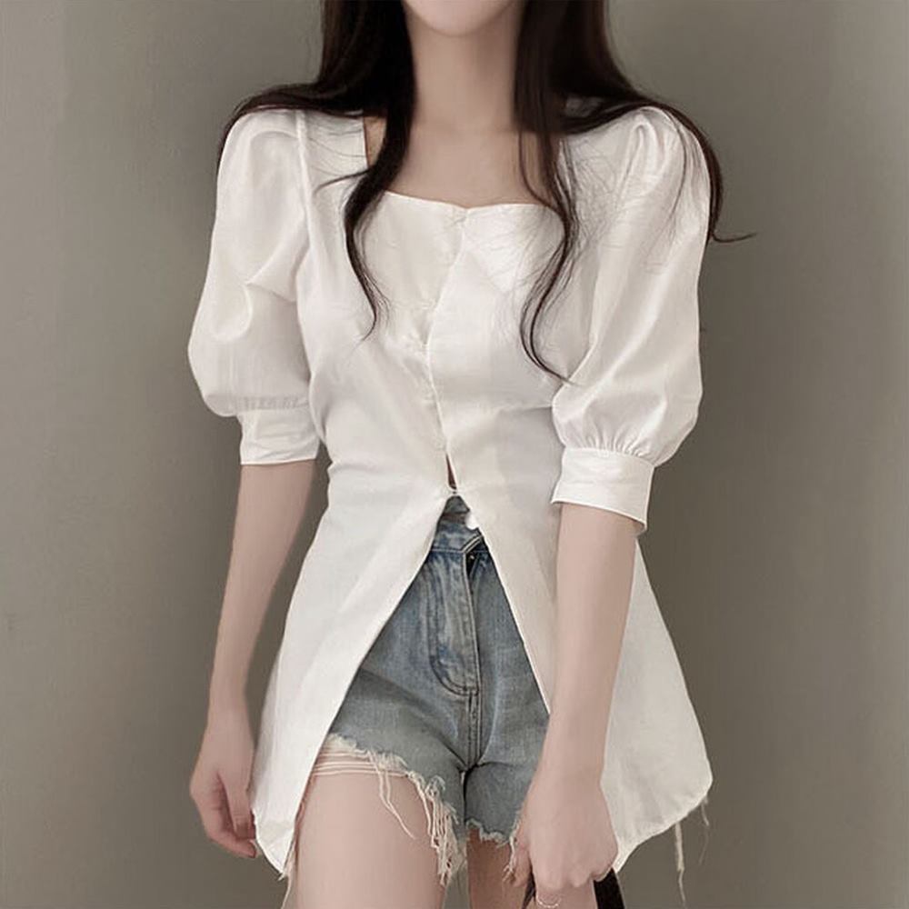 스퀘어넥 단추 블라우스 사선 리본 끈 퍼프소매 반팔 - 상세 이미지 2