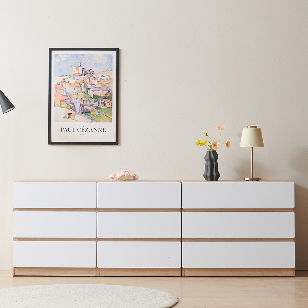 스코나 디스트 3단 서랍 높은 거실장 사이드보드 2000mm, 오크화이트