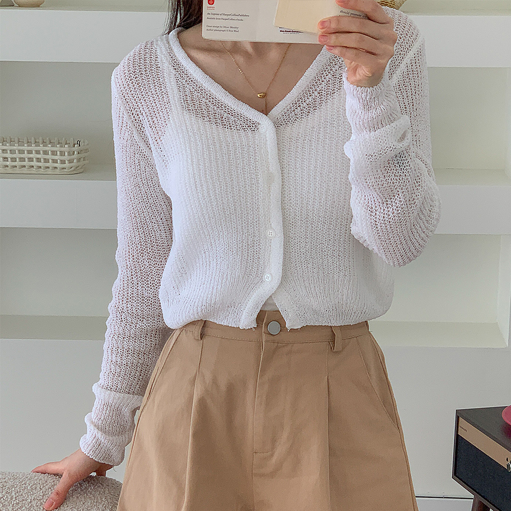 부클 브이넥 여름크롭가디건 여성 시스루가디건 핑크 이미지 7