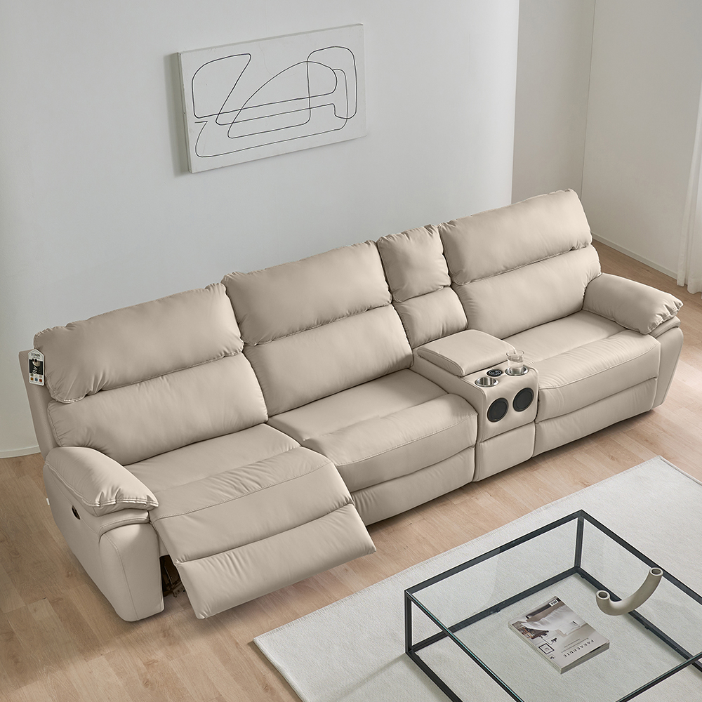 스코나 레인트 실리콘레더 전동 리클라이너 소파 스툴미포함, 아이보리, 컵홀더 4인용