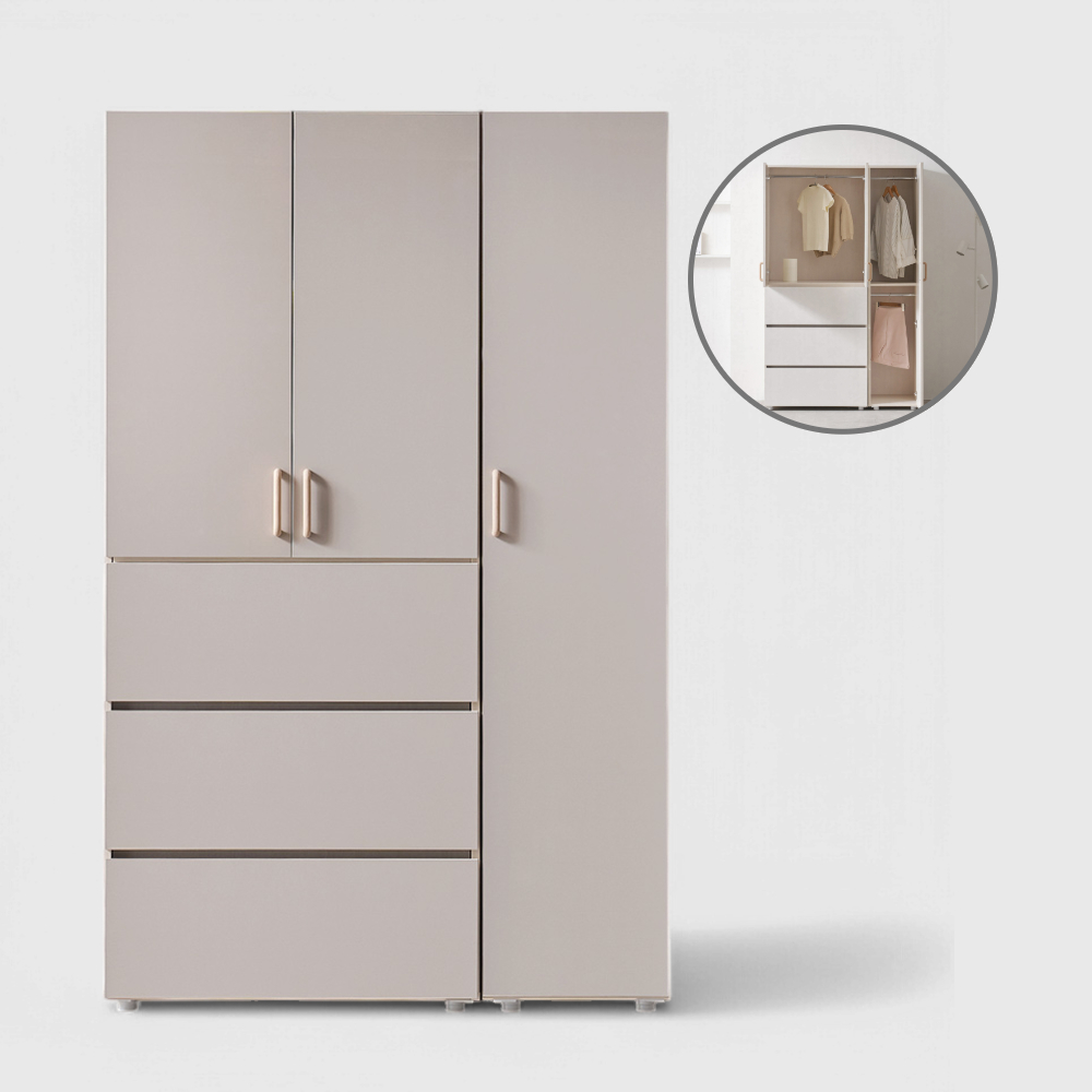 홈트리가구 키큰옷장 드레스룸 서랍 행거 옷장 세트 1200mm, 2단, 웜그레이 - 메인 이미지