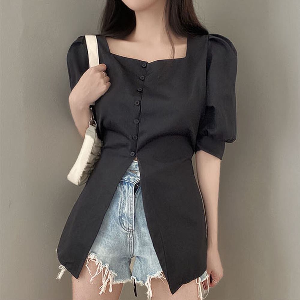 스퀘어넥 단추 블라우스 사선 리본 끈 퍼프소매 반팔 - 상세 이미지 3