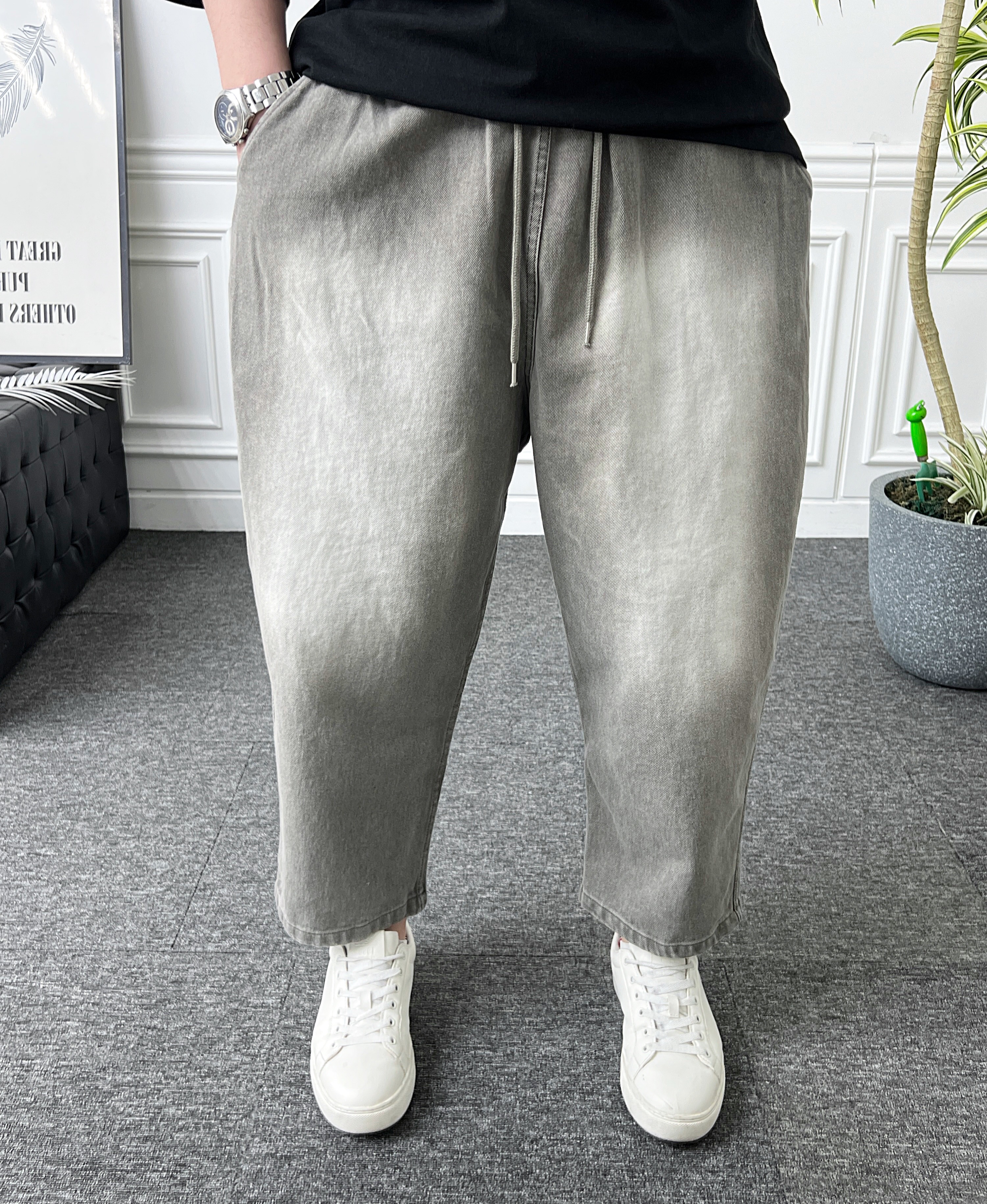 남자 와이드 청바지 9부 밴딩 브러쉬 워싱 벌룬 배기 데님팬츠 - 상세 이미지 2