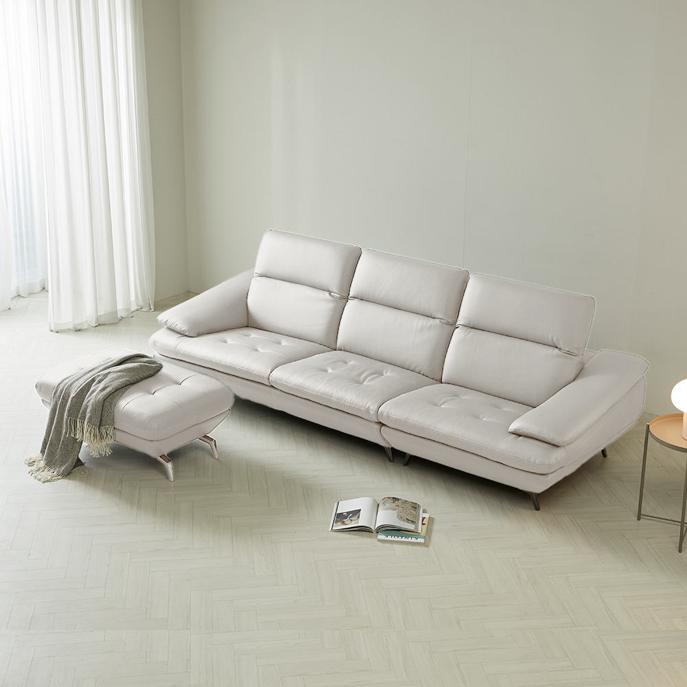 스코나 태프트 천연 황소 면피 통가죽 헤드틸팅 4인 소파 스툴포함, 화이트그레이, 4인용