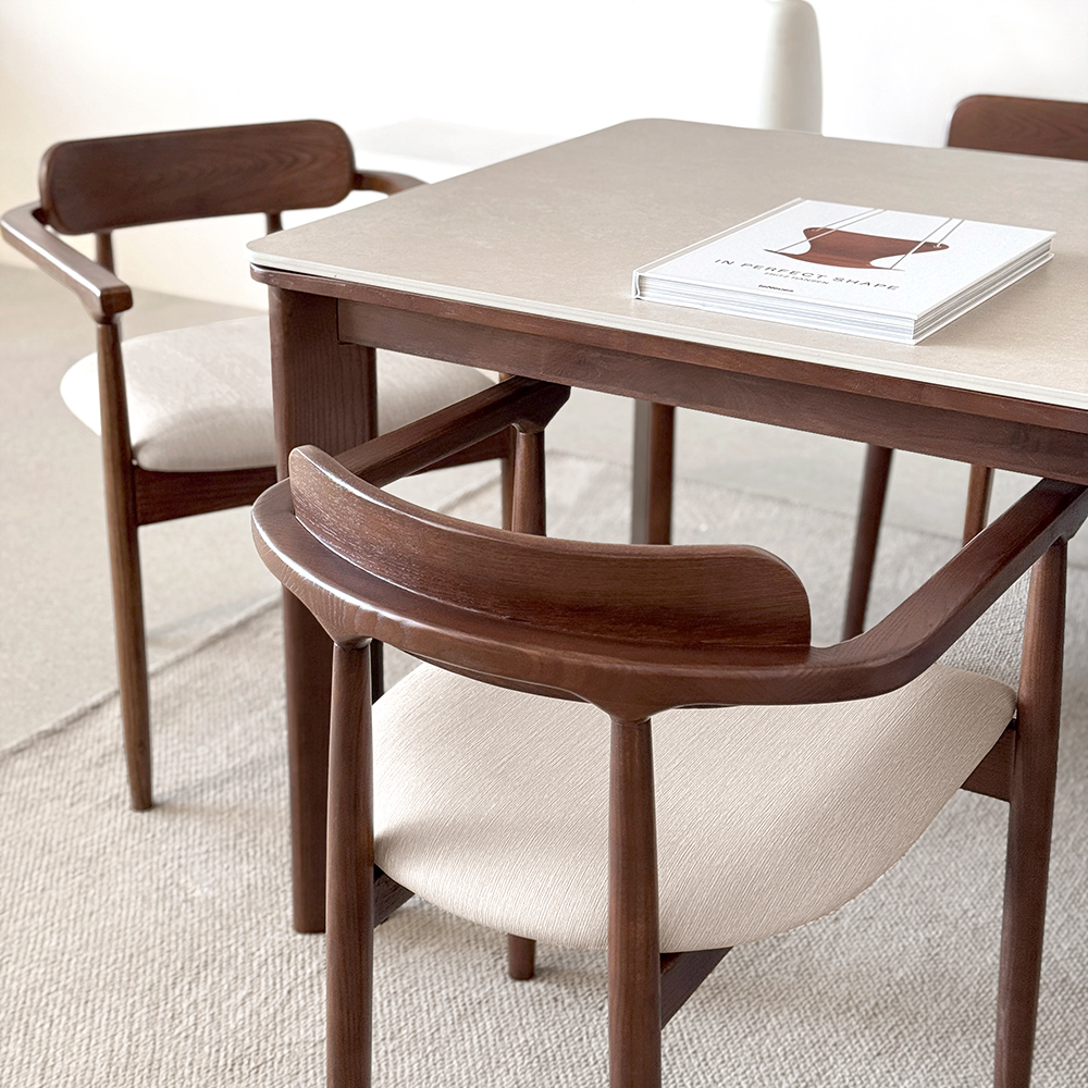 커들리 세라믹식탁 세트 4인용 원목 식탁+의자2+벤치1, 1400mm, 브라운/양면세라믹