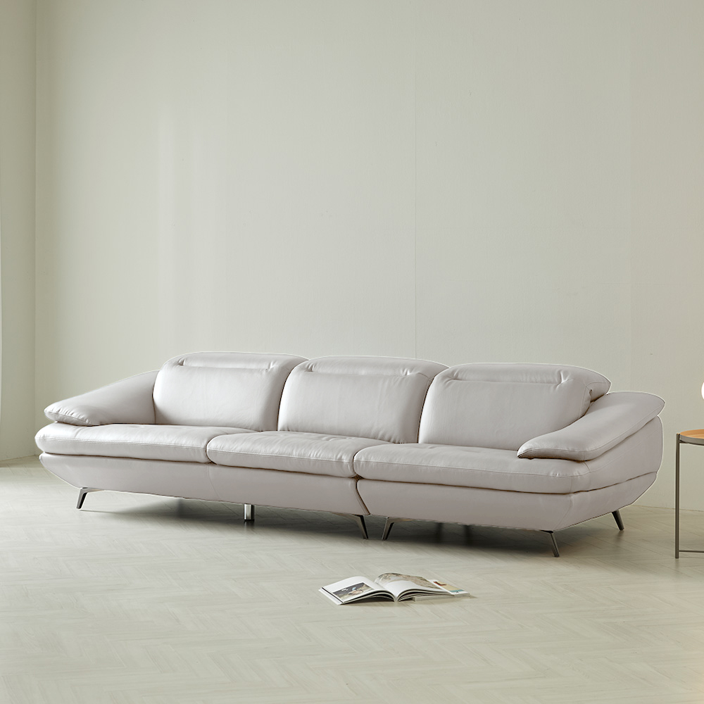 스코나 태프트 천연 황소 면피 통가죽 헤드틸팅 4인 소파 스툴미포함, 화이트그레이, 4인용