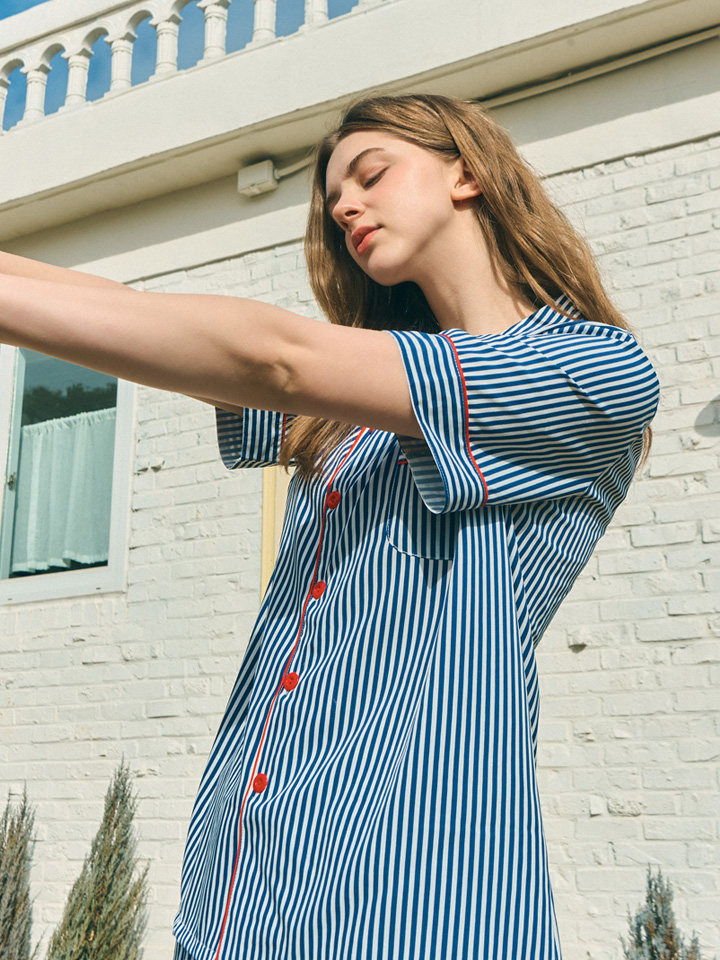 티세르 마린 네이비 남녀공용 커플 잠옷 여름 파자마 시원한 실크스킨 반팔 상하의 세트 - 상세 이미지 4
