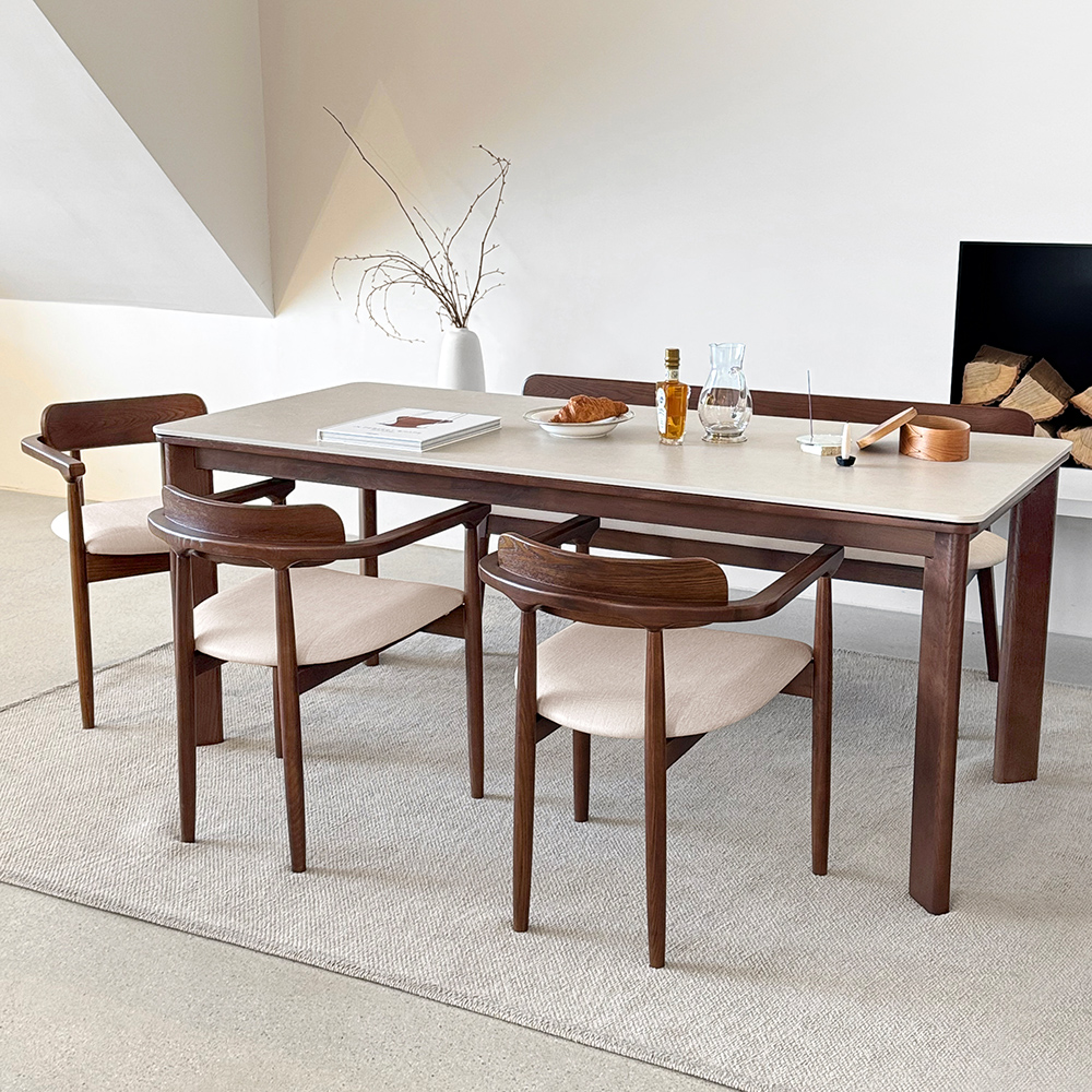 커들리 세라믹식탁 세트 4인용 원목 식탁+의자2+벤치1, 1400mm, 브라운/양면세라믹