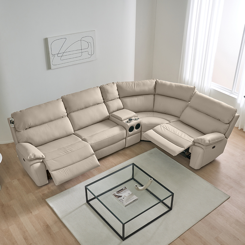 스코나 레인트 실리콘레더 전동 리클라이너 소파 스툴미포함, 아이보리, 컵홀더 코너 5인용