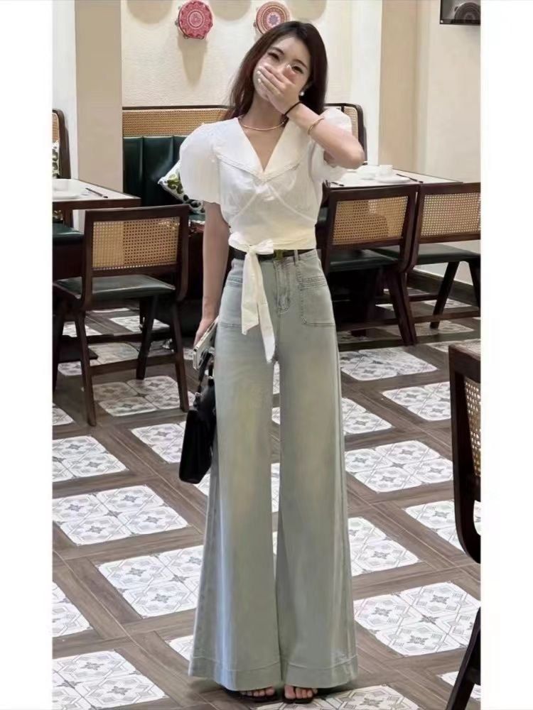 여성 봄 가을 루즈핏 와이드 데님 팬츠 연청 워싱 청바지 빅사이즈 - 상세 이미지 3