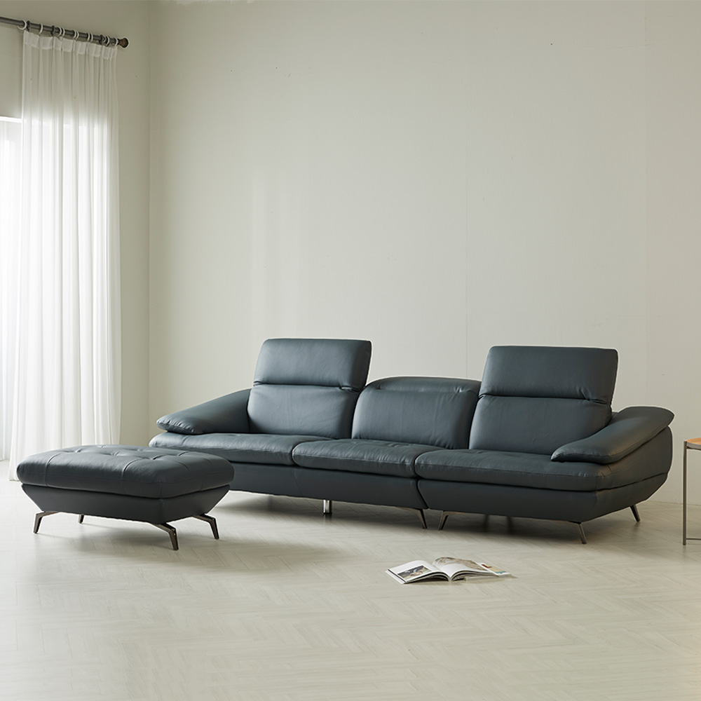 스코나 태프트 천연 황소 면피 통가죽 헤드틸팅 4인 소파 스툴포함, 화이트그레이, 4인용