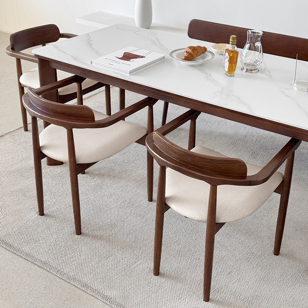 커들리 세라믹식탁 세트 4인용 원목 식탁+의자2+벤치1, 1400mm, 브라운/양면세라믹