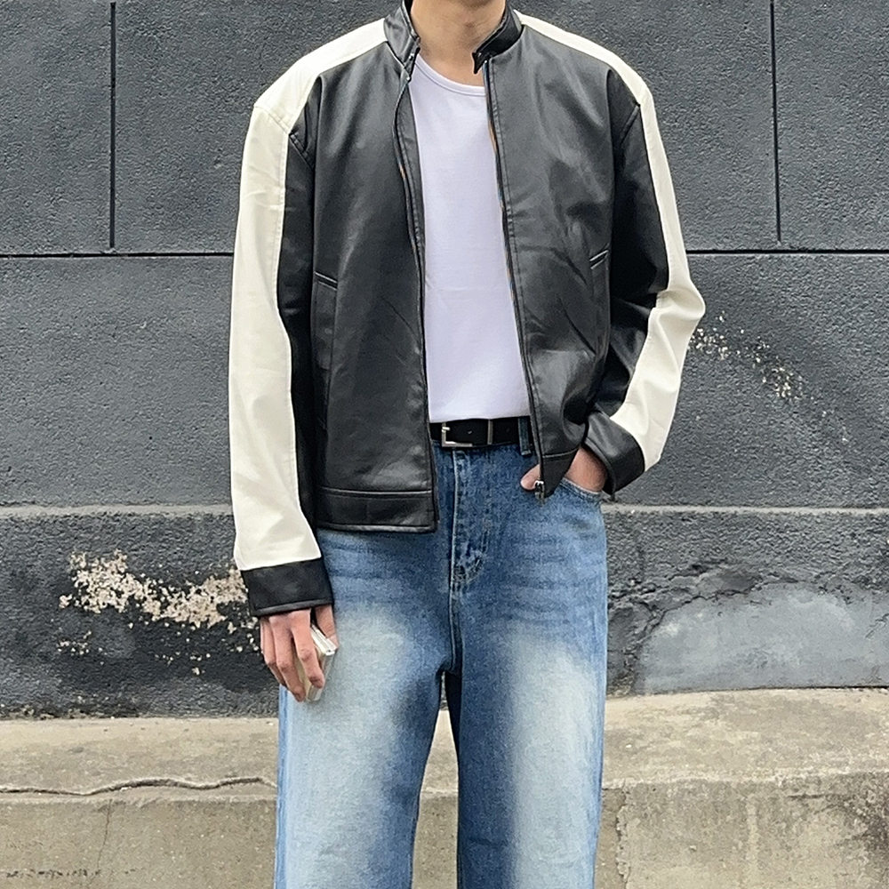 남자 가죽자켓 오버핏 차이나카라 봄 바시티 자켓