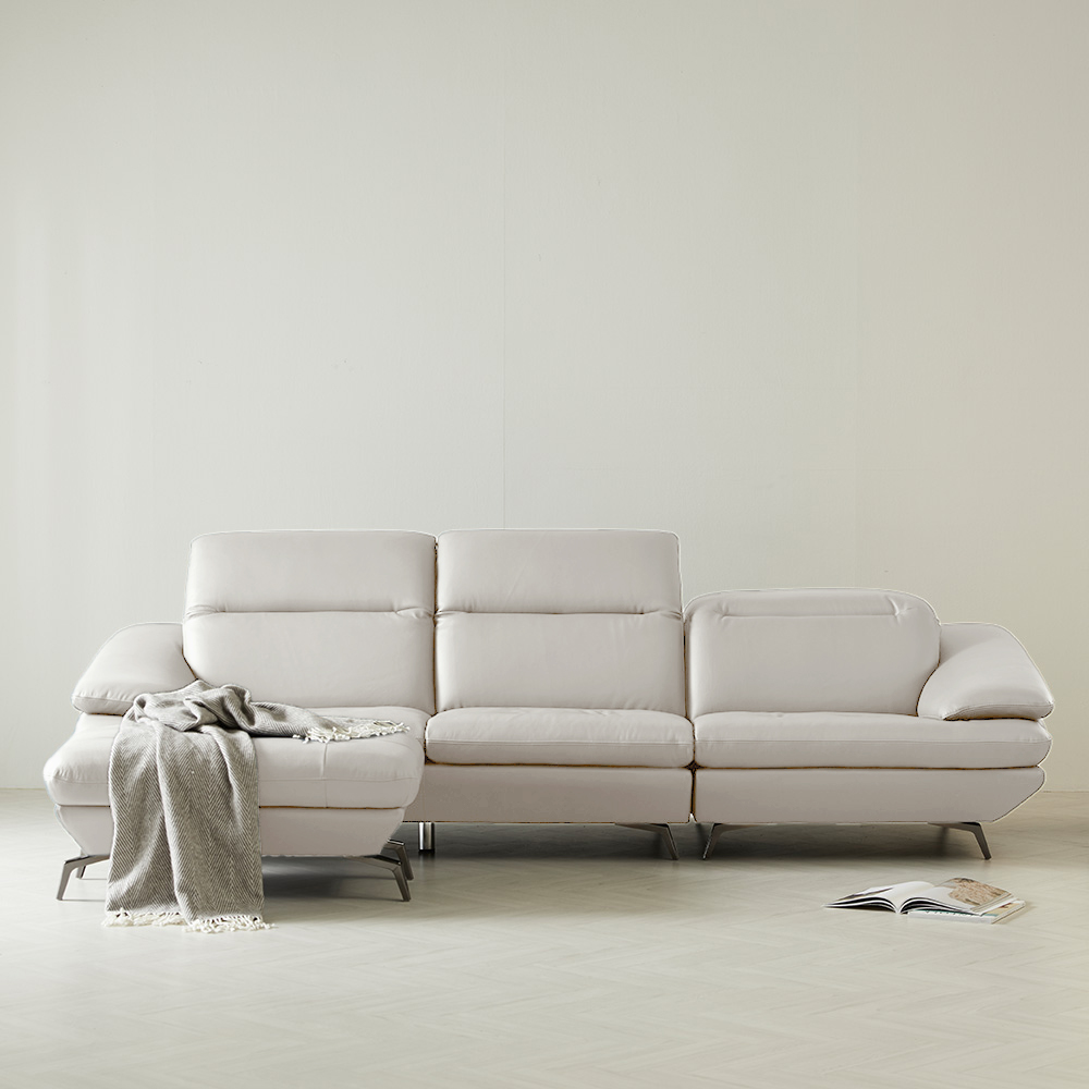 스코나 태프트 천연 황소 면피 통가죽 헤드틸팅 4인 소파 스툴포함, 화이트그레이, 4인용