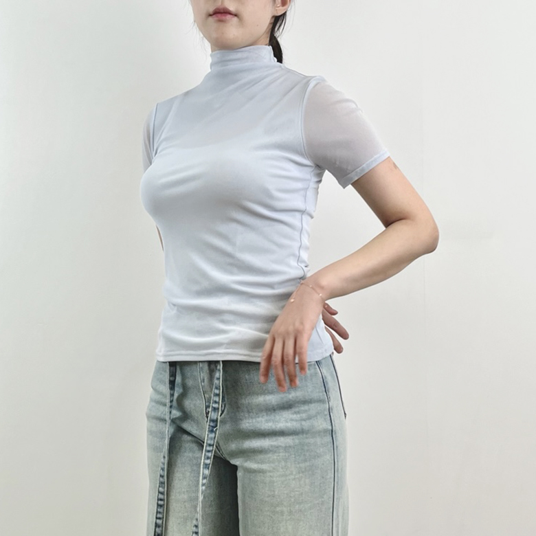 [9color]두겹 레이어드 시스루 반목 반팔티 그린 - 상세 이미지 5