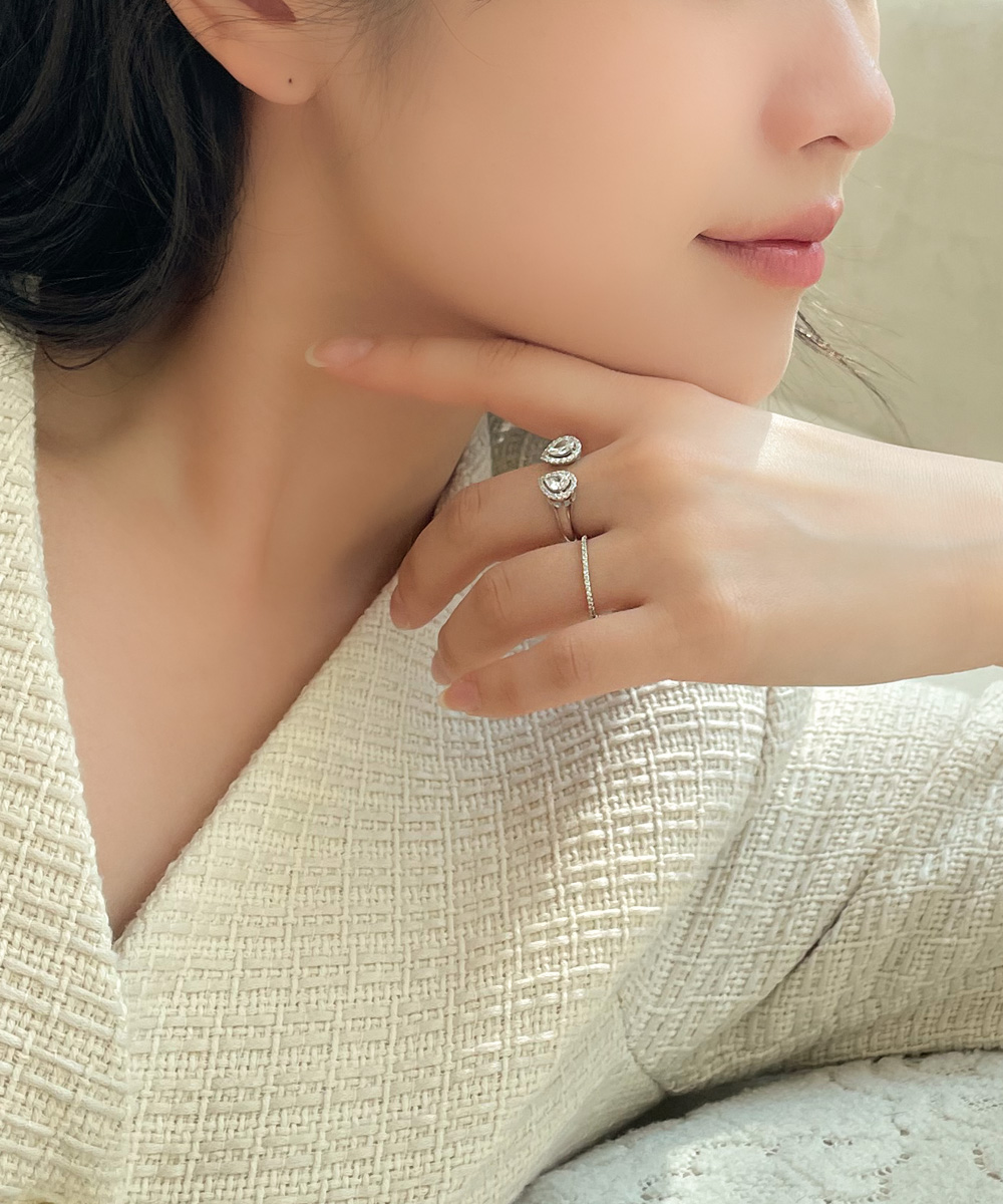 3부 페어컷 랩 다이아 트윈 물방울 오픈링 반지 - 상세 이미지 4