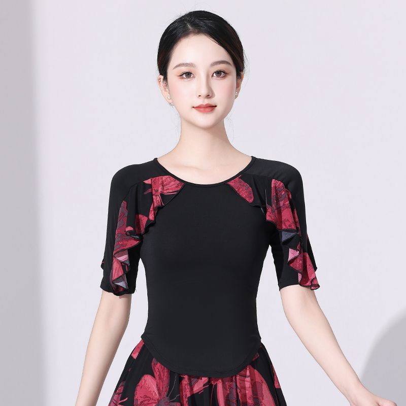 여성 모던 댄스복 발레 워십복 중소매 플라워 상의 이미지 6