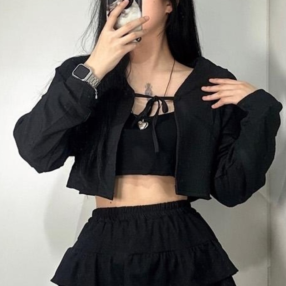 썸머 크롭 볼레로 가디건 블랙 화이트 여름 리본끈 얇은가디건 살안타템