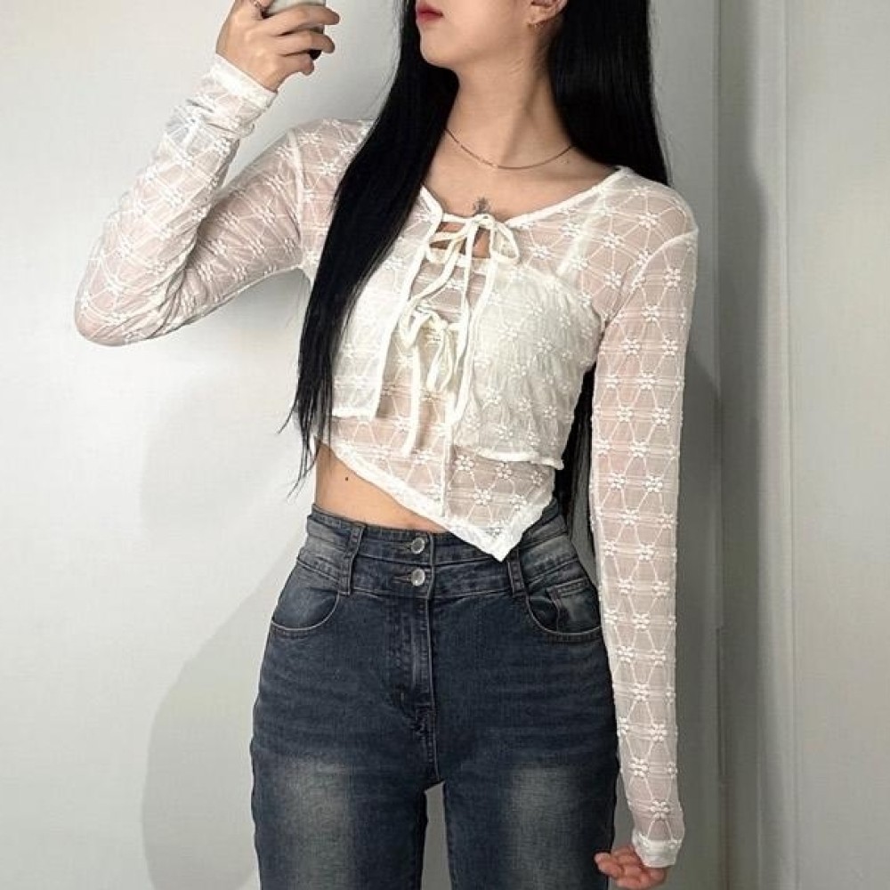 시스루 레이스 크롭 가디건 나시 세트 여자 리본끈 얇은가디건 민소매 여름 - 상품 이미지