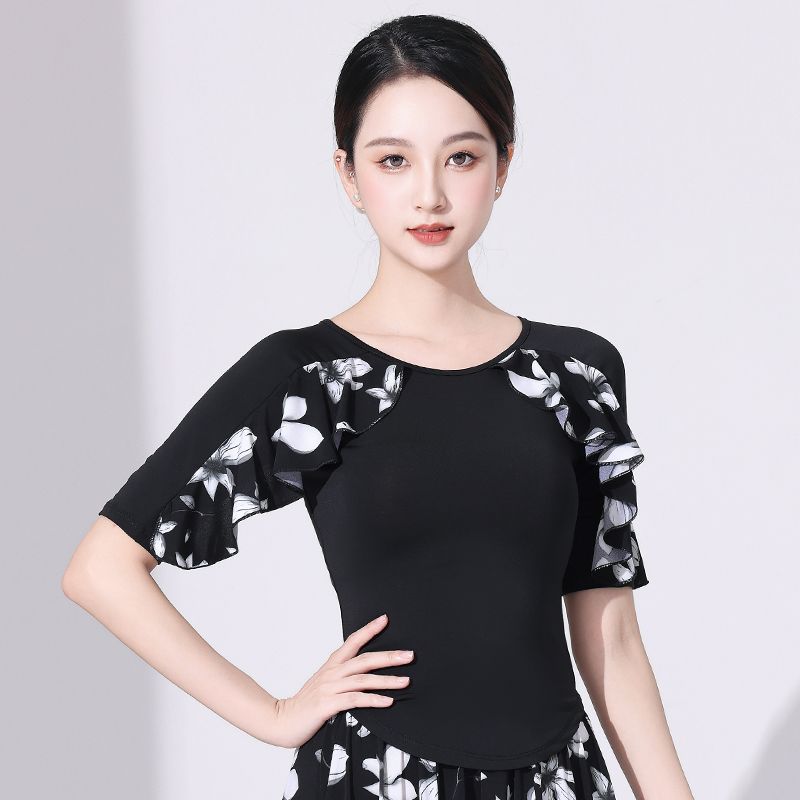 여성 모던 댄스복 발레 워십복 중소매 플라워 상의 - 상세 이미지 4