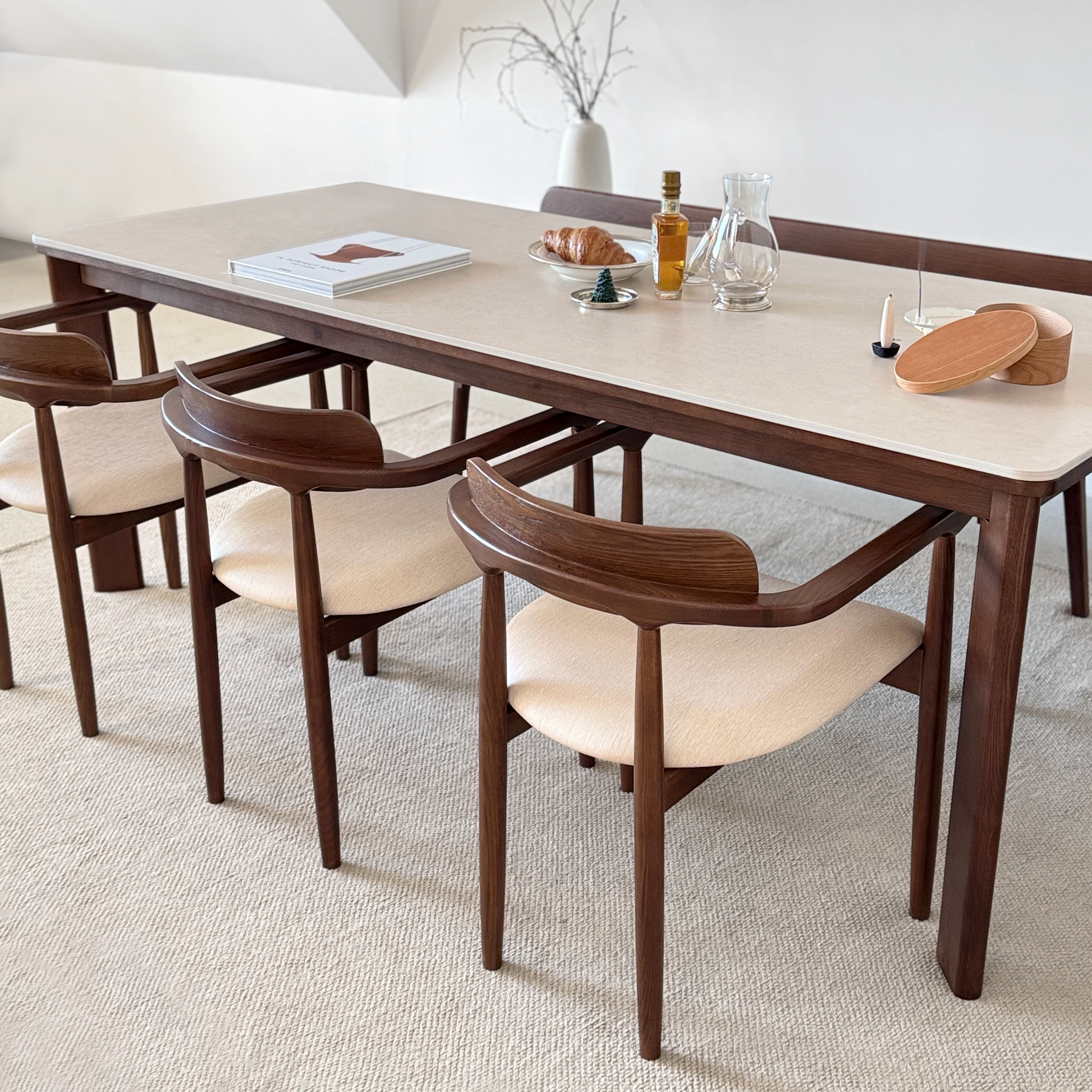 로포텐 커들리 양면 세라믹식탁 세트 원목 6인용 식탁 포세린 2000 의자3 벤치