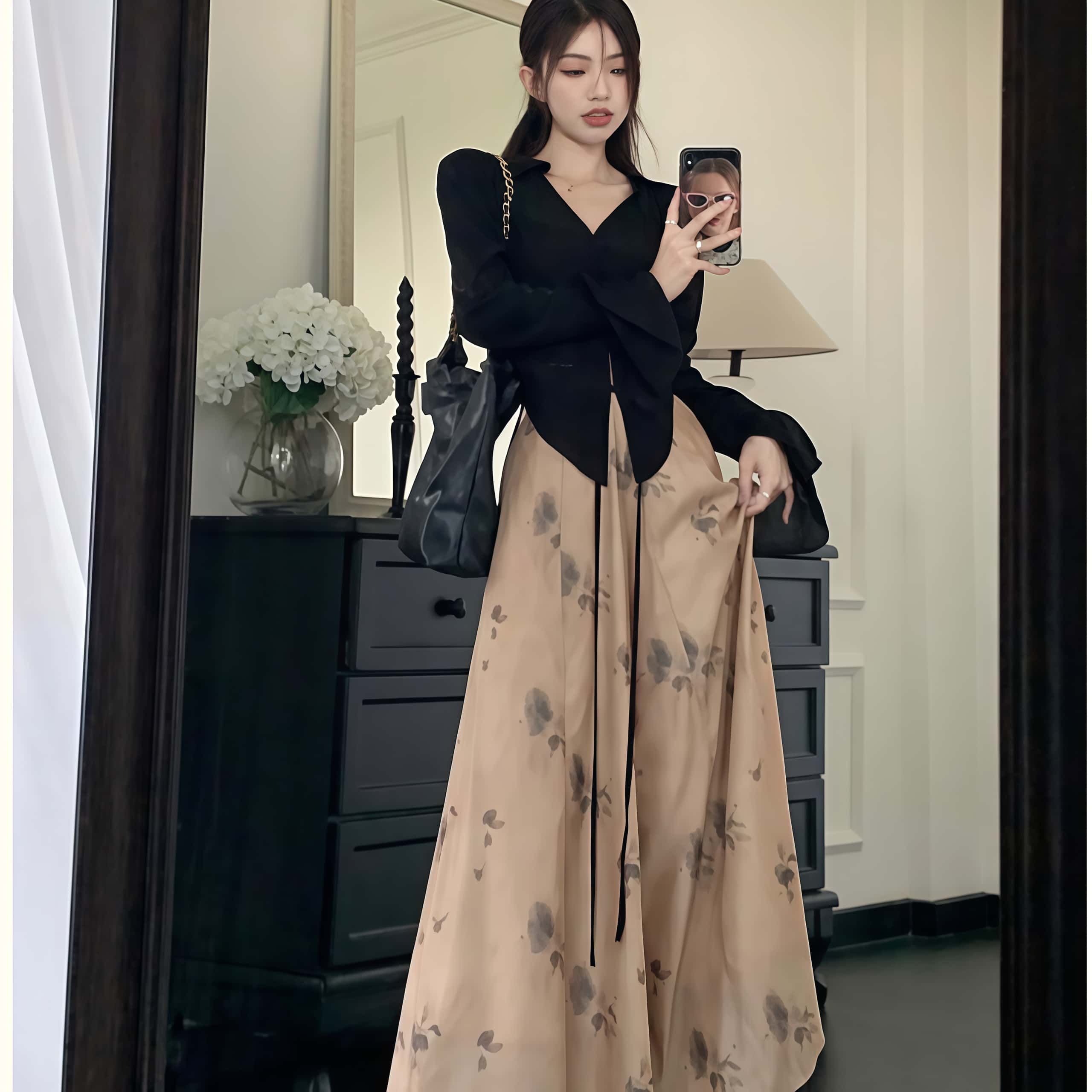 여성 루즈핏 쉬폰바지세트 브이넥 스트랩 긴팔가디건 플라워 와이드팬츠 투피스세트 - 상세 이미지 5