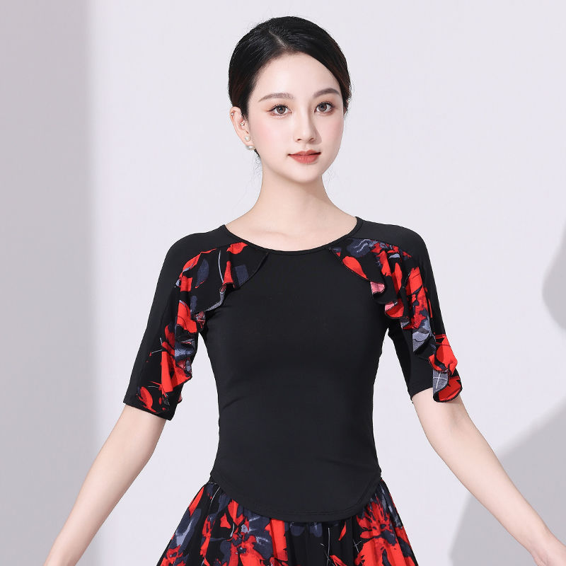 여성 모던 댄스복 발레 워십복 중소매 플라워 상의 - 상품 이미지