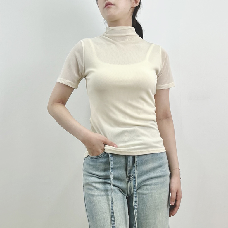 [9color]두겹 레이어드 시스루 반목 반팔티 그린 이미지 7