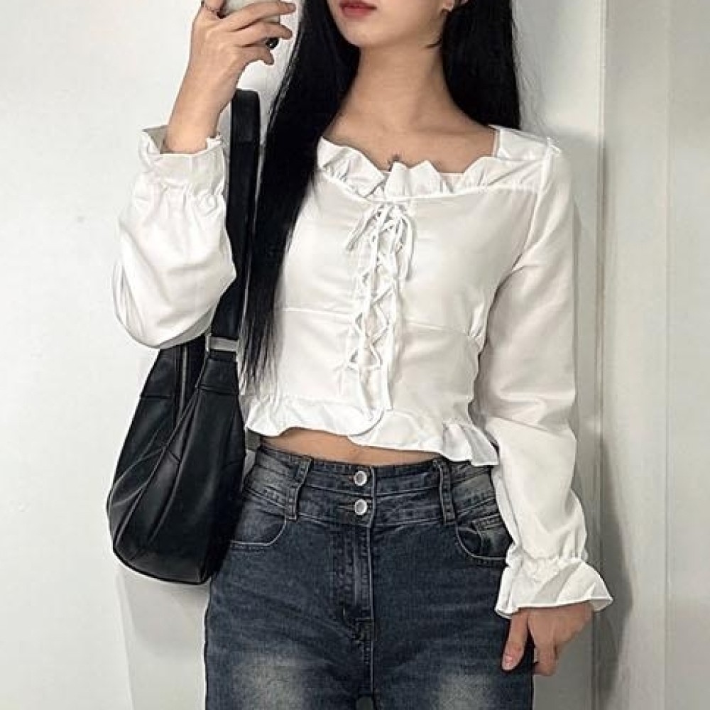 아일렛 프릴 크롭 블라우스 3color 예쁜 스퀘어넥 셔츠 스모크 셔링블라우스 긴팔 - 상품 이미지