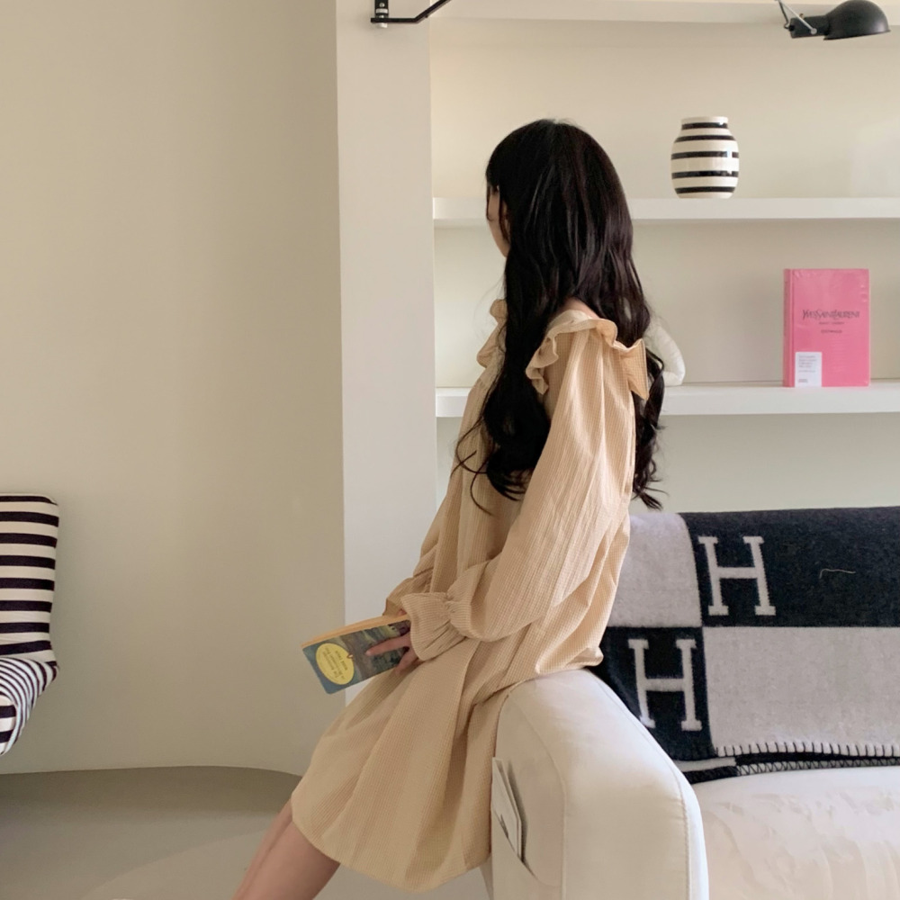 파자마원피스 지지미잠옷 공주잠옷 프릴 긴팔 간절기 가을 홈웨어 세트 - 상세 이미지 4