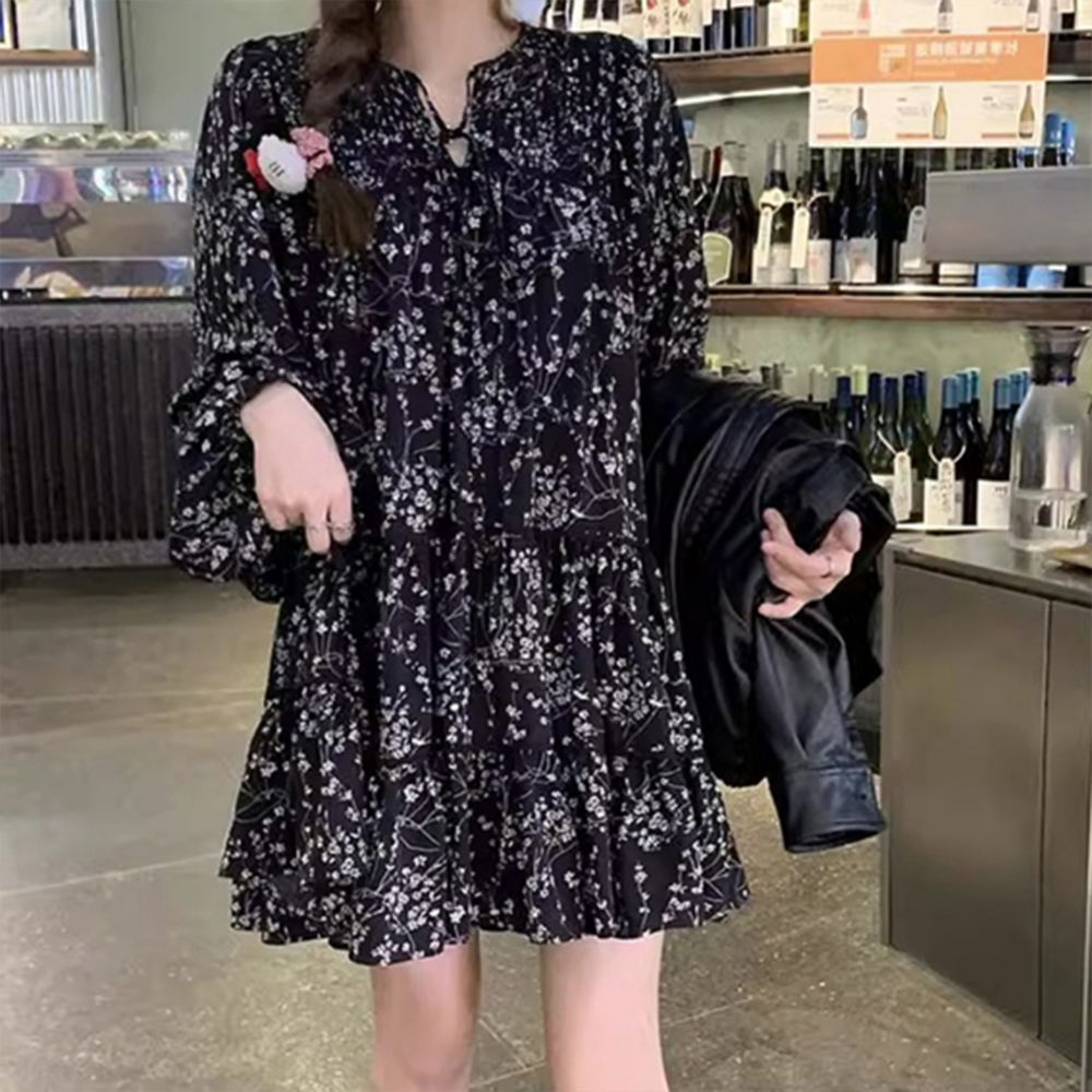 여성 원피스 꽃무늬 여자 플라워 긴팔 봄 가을 여름 20대 미니 숏 짧은 캉캉 예쁜 학생 - 상품 이미지