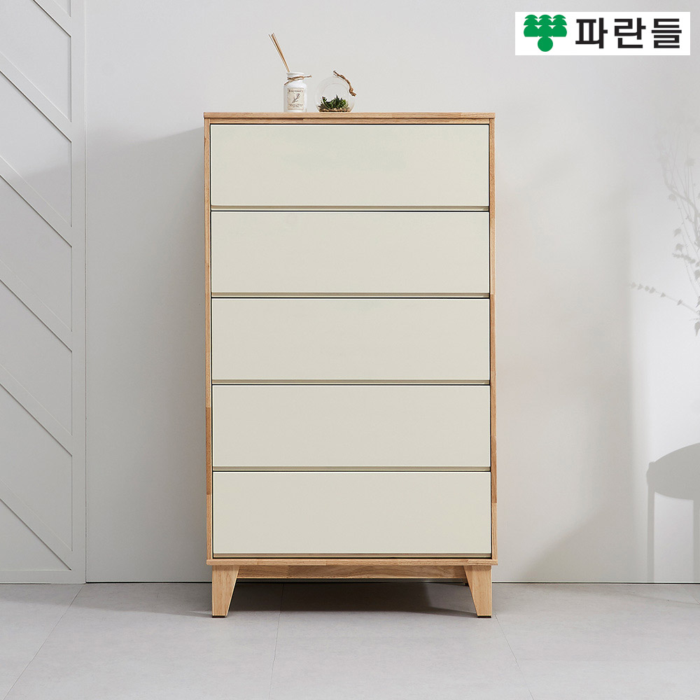 파란들가구 전면화이트 고무나무원목 베이직 5단서랍장 - 메인 이미지