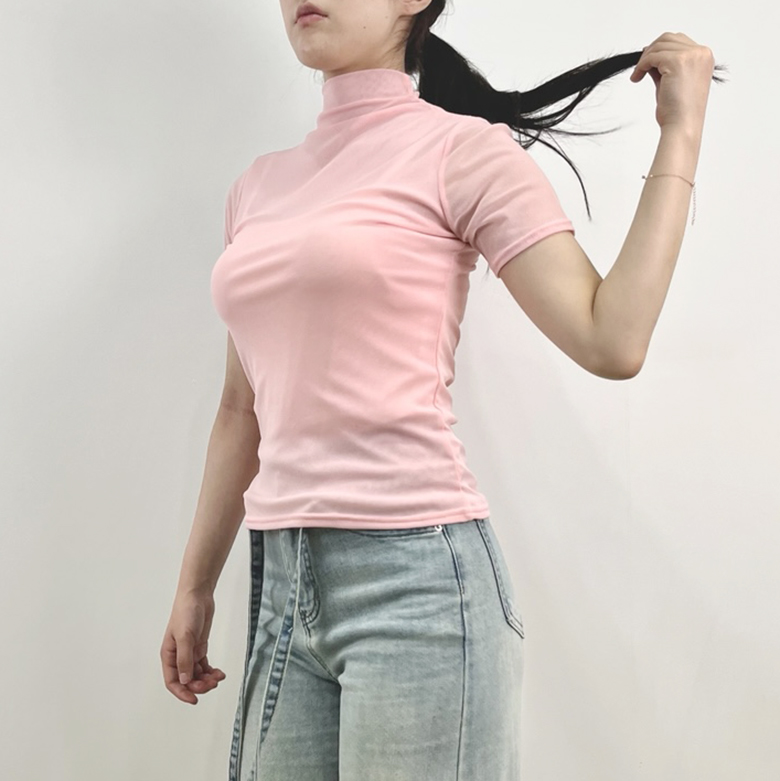 [9color]두겹 레이어드 시스루 반목 반팔티 그린 이미지 6